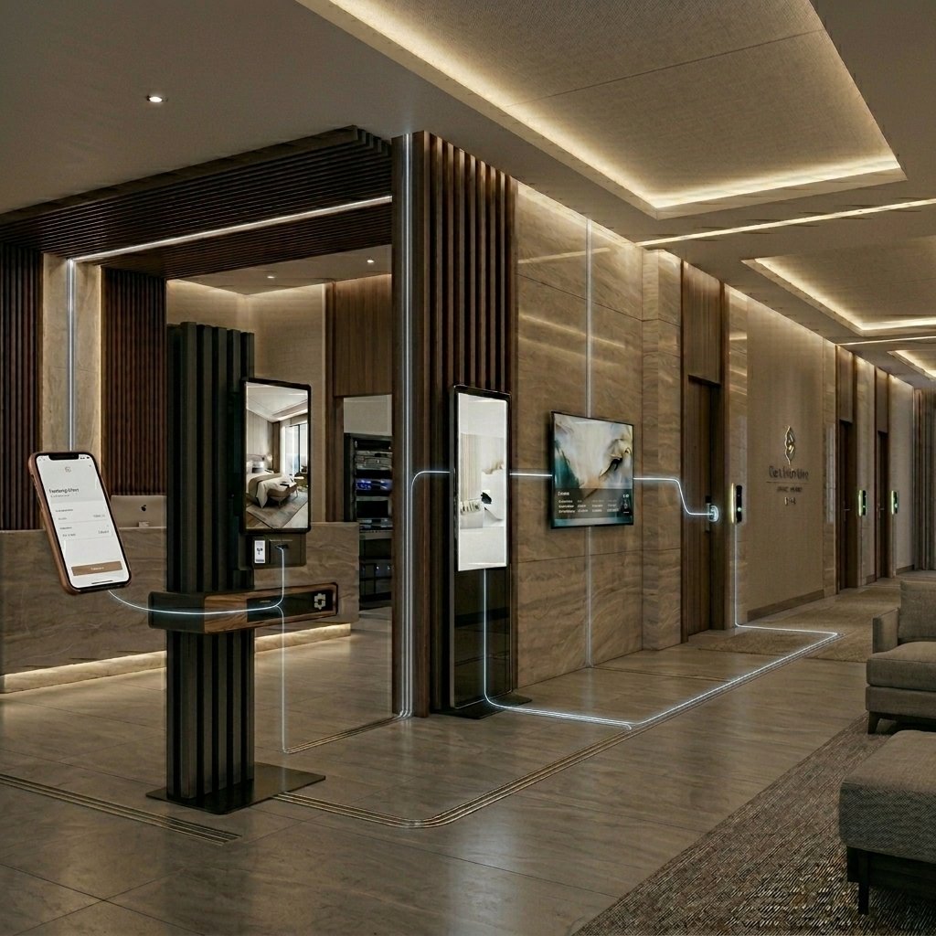 A softly lit hotel lobby with a self-check-in kiosk, digital mirror display and wall-mounted signage along an illuminated guiding path