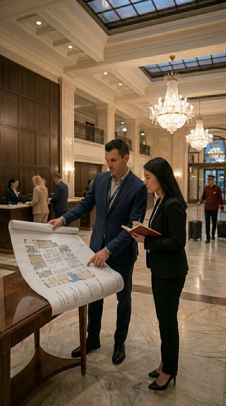 A hotel manager and an at-visions consultant reviewing a property floor plan together in a grand hotel lobby, reception and a bellhop in the background