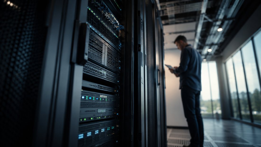 An IT engineer with a tablet beside a glowing server and network rack in a bright, window-lined data room