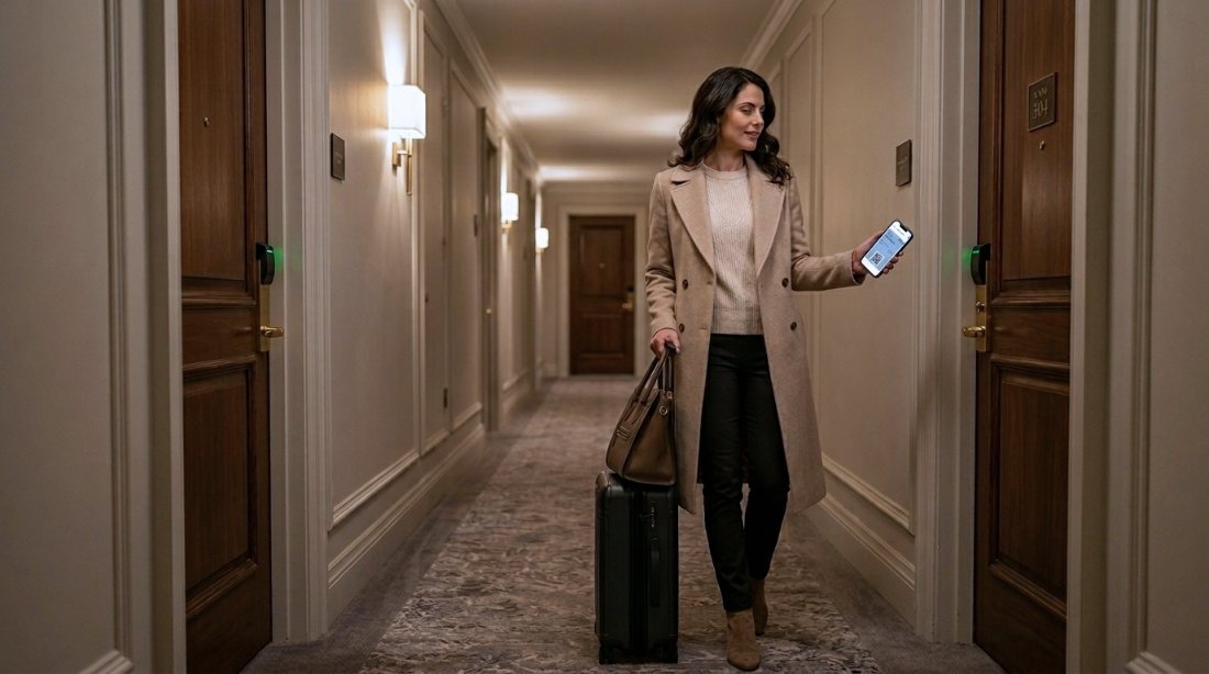 A guest with a suitcase unlocking her room with a mobile key on her phone in an elegant hotel corridor