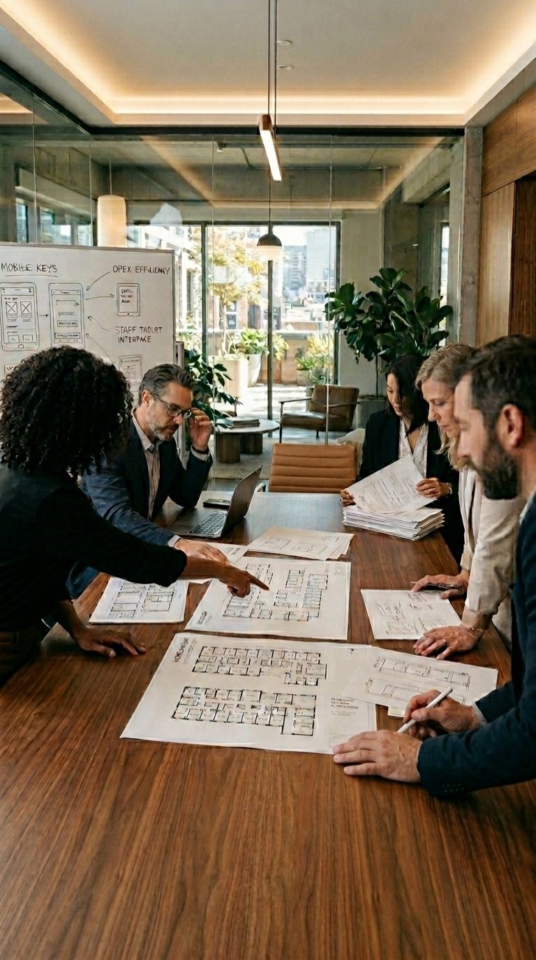 The at-visions team gathered around a boardroom table reviewing hotel floor plans and wireframe sketches of mobile keys and staff tablet interfaces