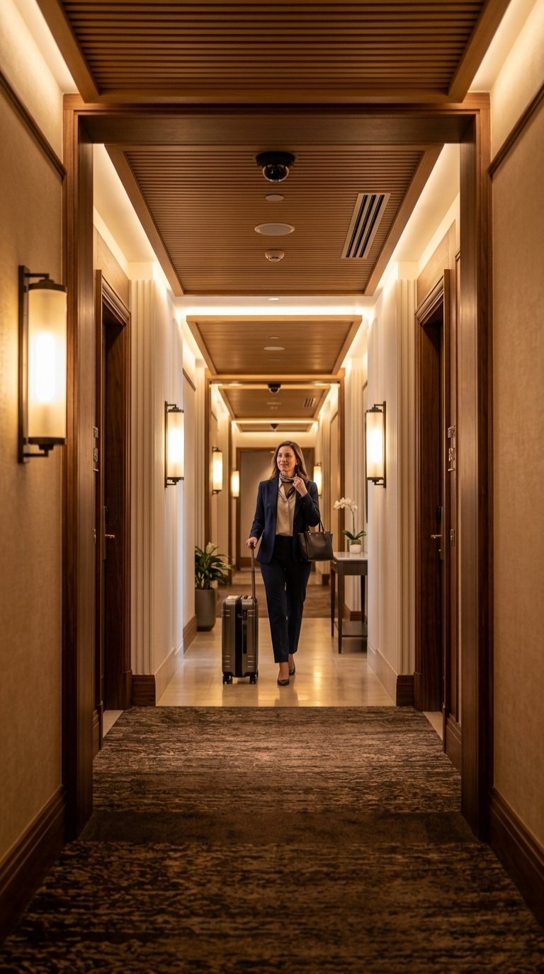 A guest walking with a suitcase along a warmly lit guest-room corridor, a discreet dome camera in the ceiling above