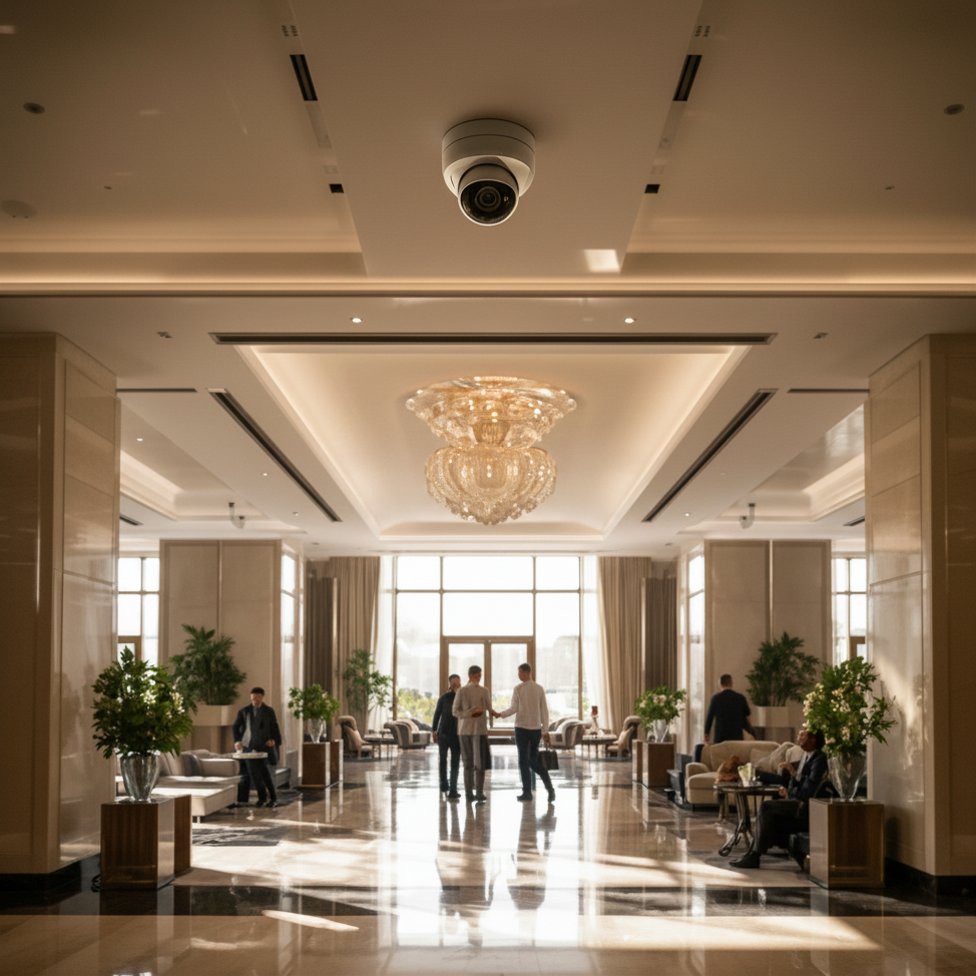 A discreet ceiling dome camera overlooking a bright, busy hotel lobby in editorial black and white