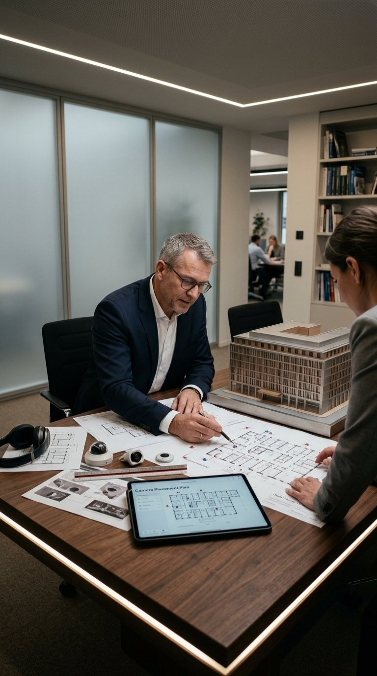 A security consultant and a hotel manager reviewing a camera placement plan over building blueprints and a scale model, a tablet showing the floor-by-floor camera layout on the table