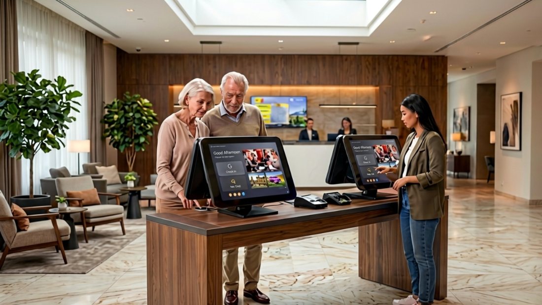 An older couple and a younger guest using side-by-side countertop check-in screens at an accessible, reachable height