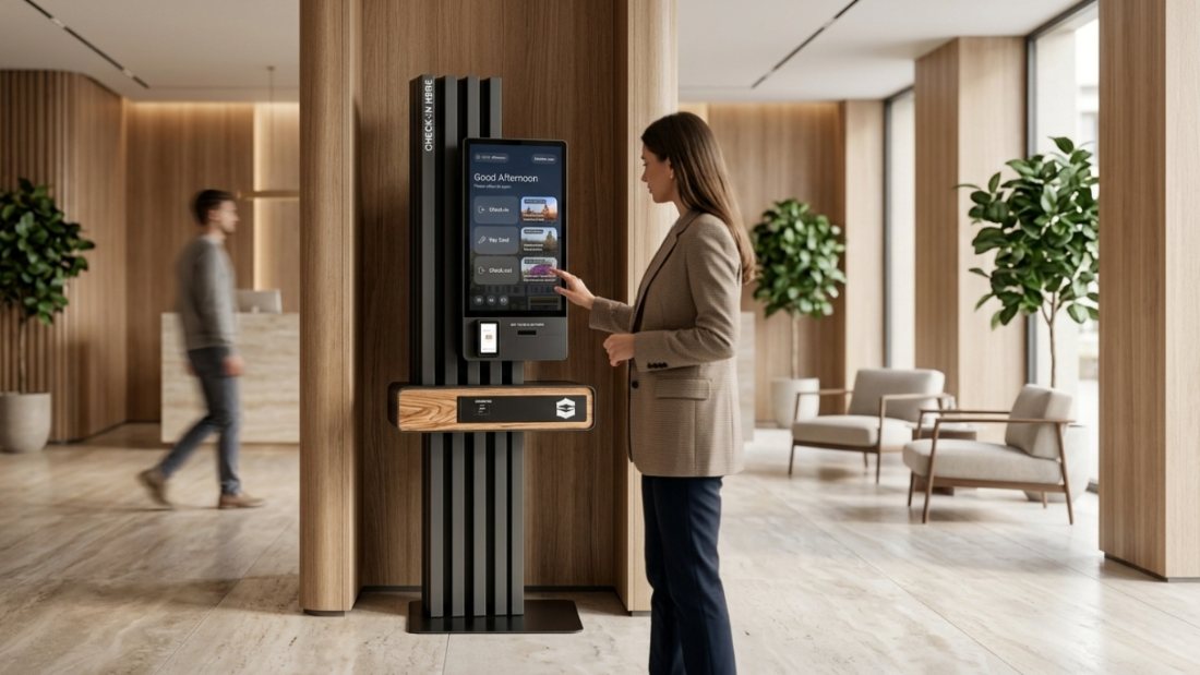 A guest checking in at a wood-and-black branded kiosk showing a Good Afternoon welcome screen in a sunlit hotel lobby