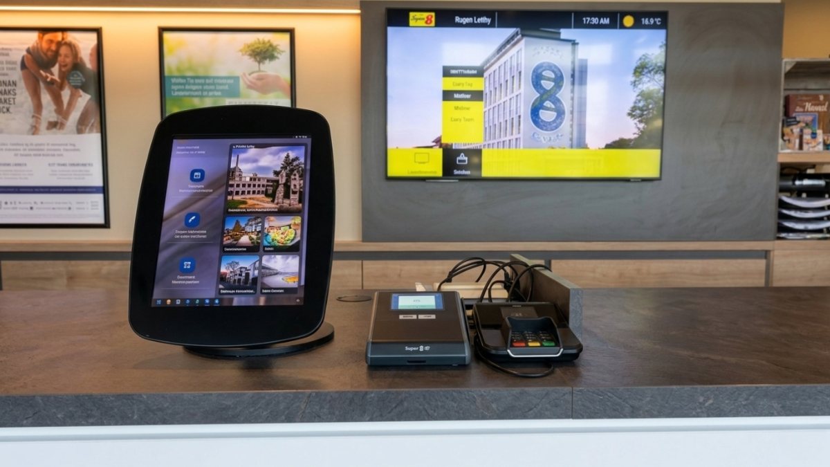 A self-check-in kiosk tablet on a hotel reception counter with a card payment terminal beside it, the hotel's digital signage screen on the wall behind