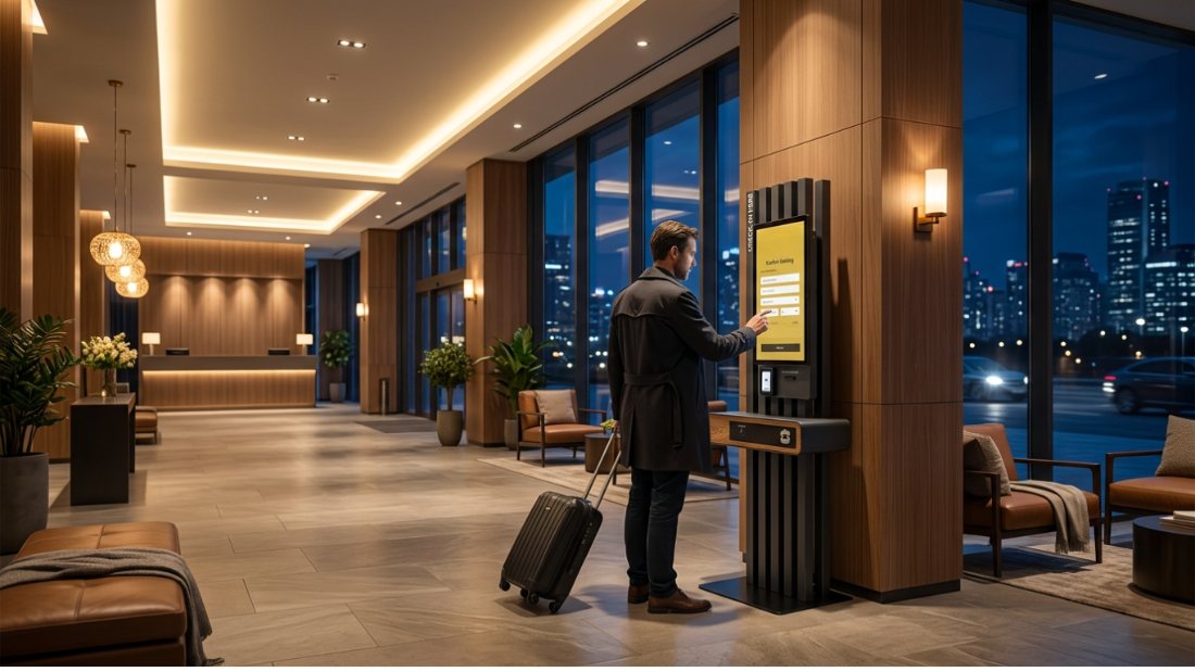A late-arriving guest with a suitcase using a self-check-in kiosk at night, the city skyline glowing through the lobby windows