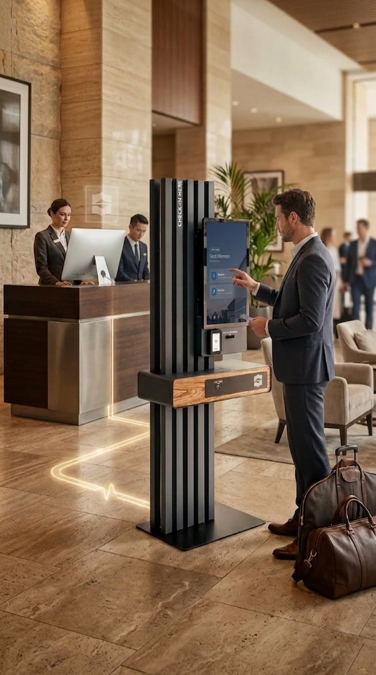 A guest checking in at a central lobby kiosk while two front-desk staff work at an iMac nearby, a glowing line on the floor connecting the kiosk to the desk