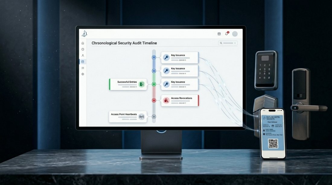 A desktop monitor showing a chronological security audit timeline of key issuance, entries and access revocations, beside a phone and door lock