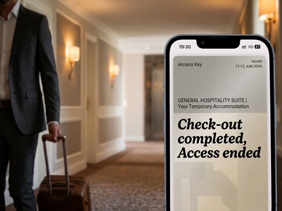 A guest leaving with a suitcase as a phone shows a hotel access key reading 'Check-out completed, Access ended' — a time-bound, revocable credential