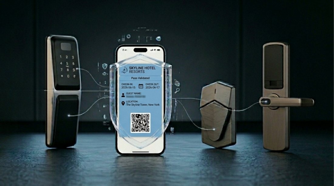 A phone showing a validated mobile key, linked by glowing lines to four different electronic door locks and readers