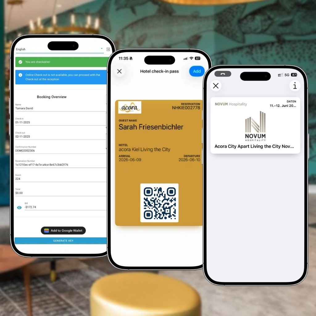 Three smartphones showing the mobile check-in flow — a booking overview with Add to Google Wallet, a hotel check-in pass with QR code, and a digital room key in the phone's wallet