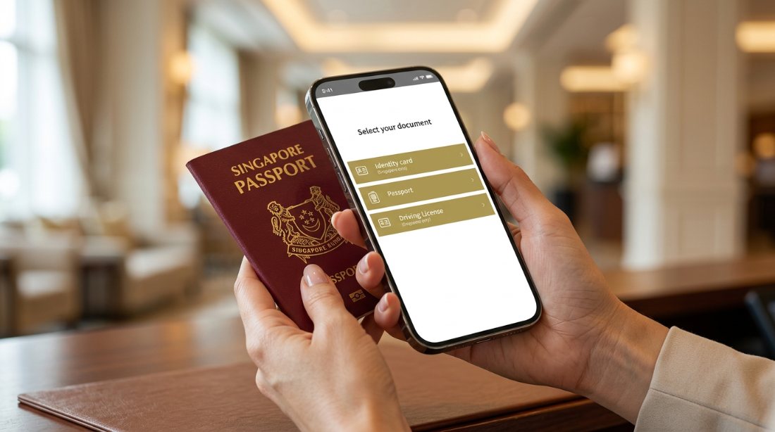 A guest holding a passport and a phone showing a Select your document screen with Identity card, Passport and Driving licence options