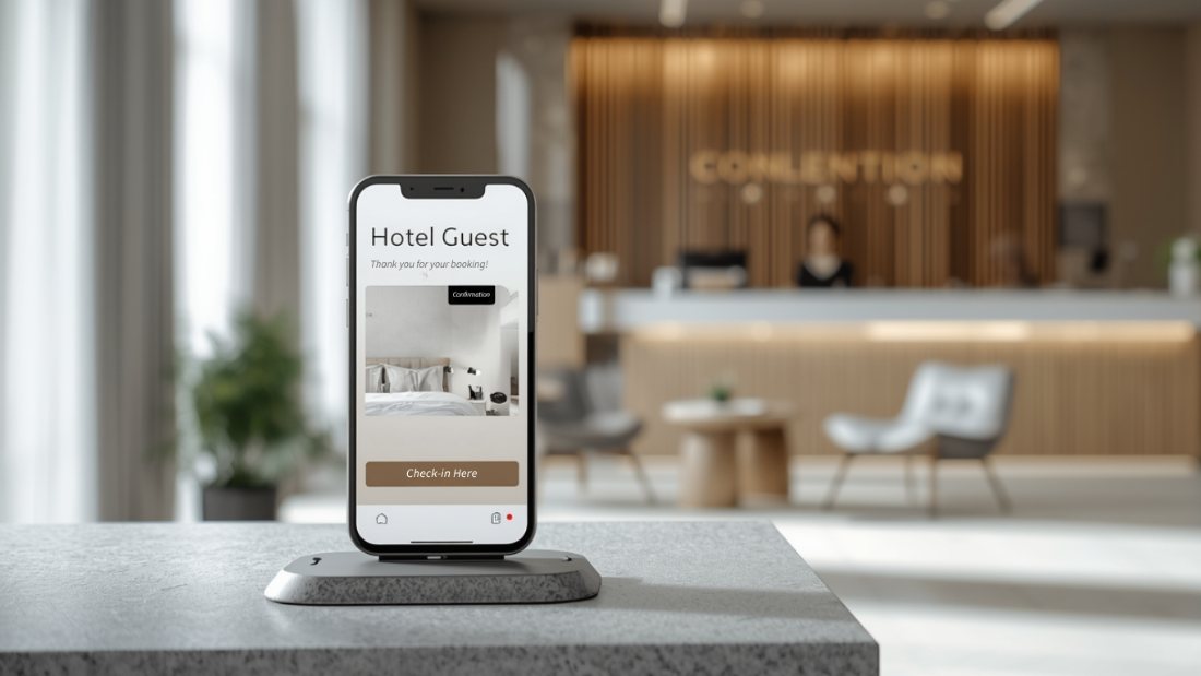 A guest's phone on a desk stand showing a Hotel Guest welcome screen with a Check-in Here button, a hotel reception softly out of focus behind it