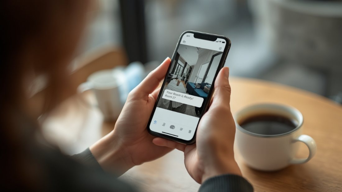 A guest over coffee looking at a phone showing a Your Room is Ready notification with the room number and a photo of the room
