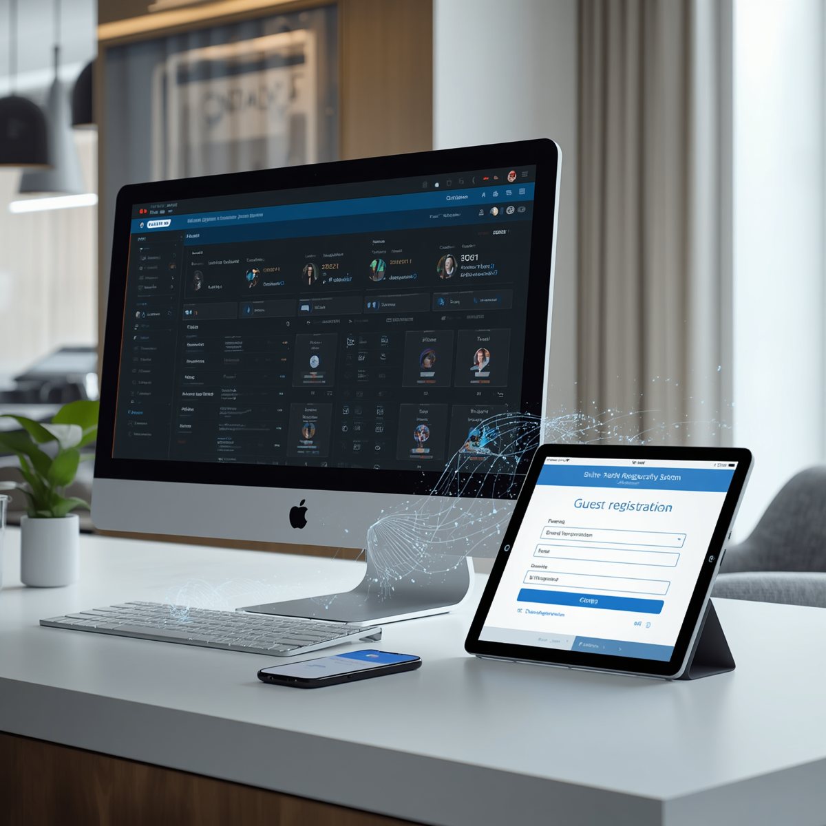 A front-desk iMac showing the PMS guest dashboard, with data flowing as a particle stream to a tablet displaying the guest registration form