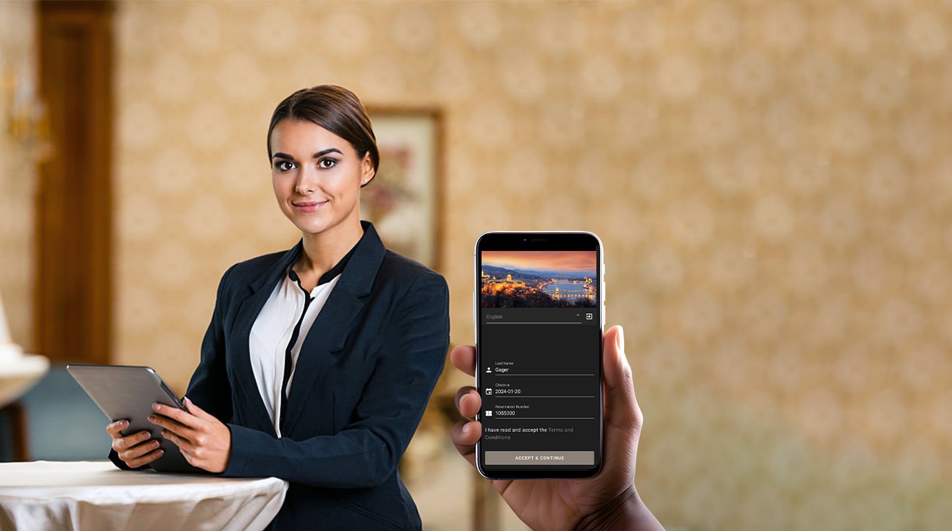 A hotel receptionist with a tablet beside a phone showing the pre-arrival registration form with guest name, check-in date and reservation number