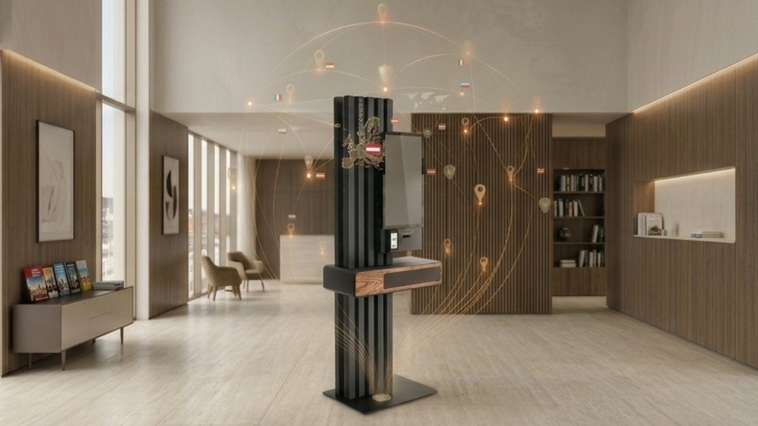 A self-check-in kiosk in a bright hotel lobby, with gold location pins arcing across a map of European markets behind it