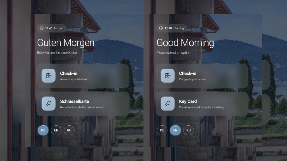 The same arrival screen shown side by side in German (Guten Morgen) and English (Good Morning) with DE / EN / RU language toggles