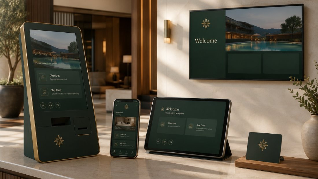 A hotel kiosk, smartphone and tablet all showing the same branded green-and-gold Welcome check-in screen
