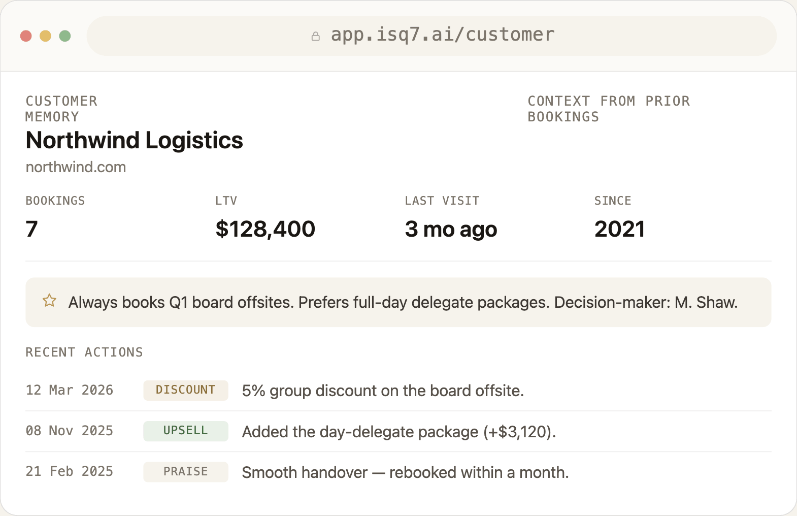Customer memory — context from prior bookings