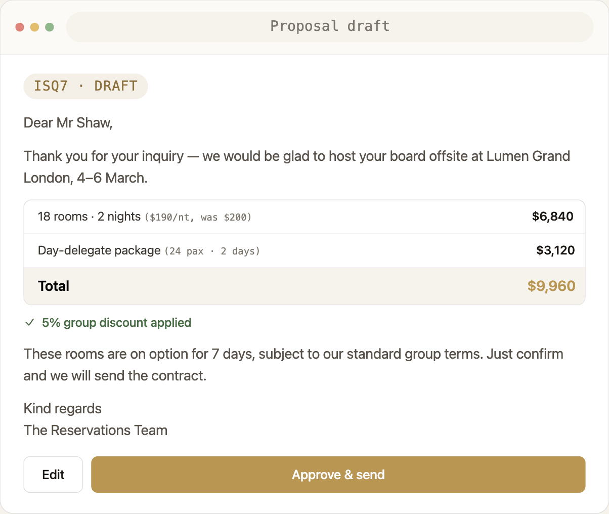 Branded proposal draft with rooms and rates