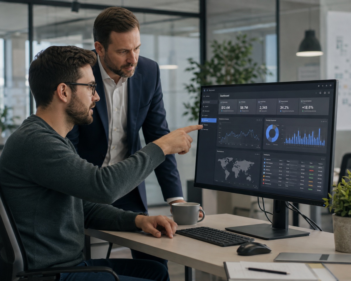 Two colleagues reviewing a performance dashboard together at a desk in a modern office