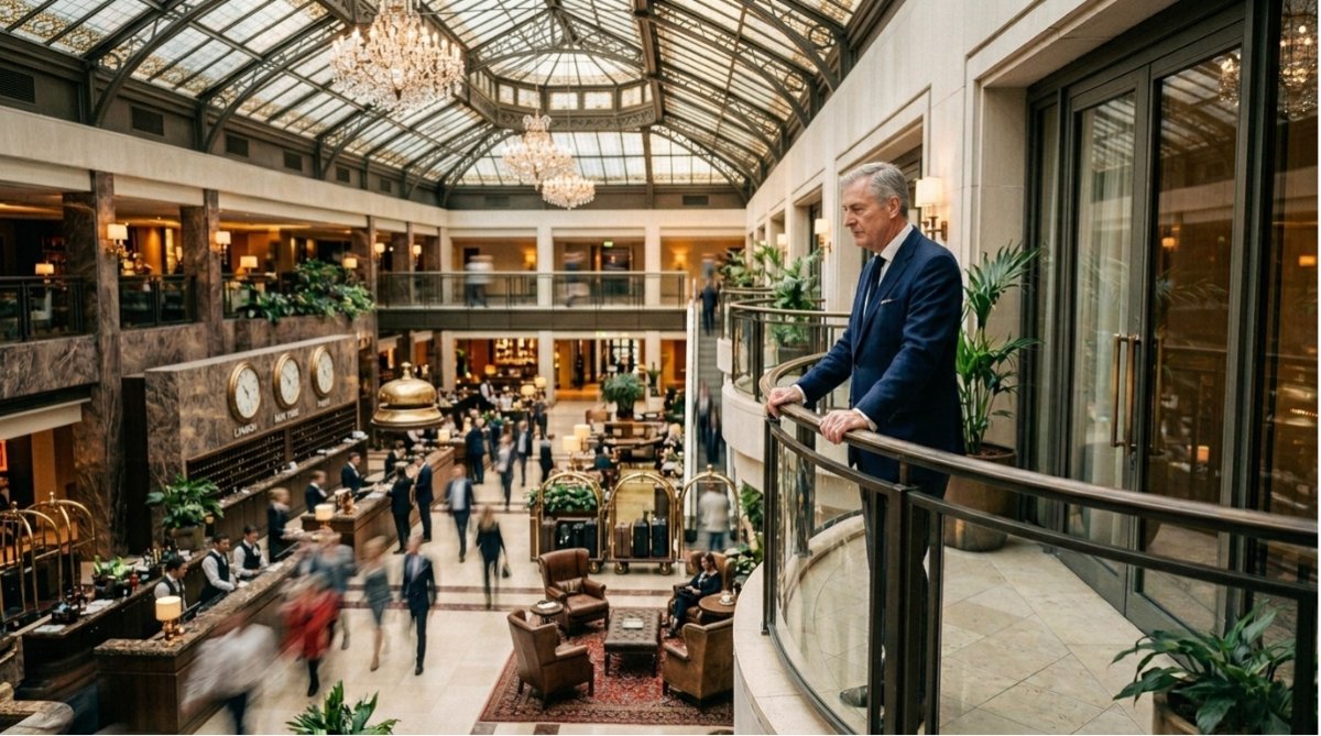 A hotelier looking out over a grand, bustling hotel lobby with motion-blurred staff and guests below a glass atrium roof and world clocks