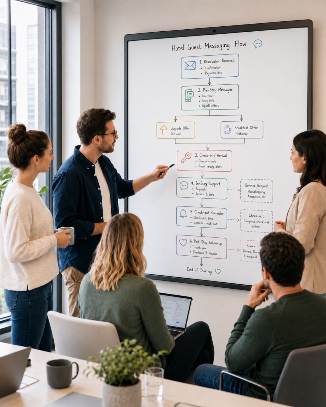 A team in a meeting reviewing a hotel guest messaging flow diagram on a large wall screen, one presenter pointing at the check-in step