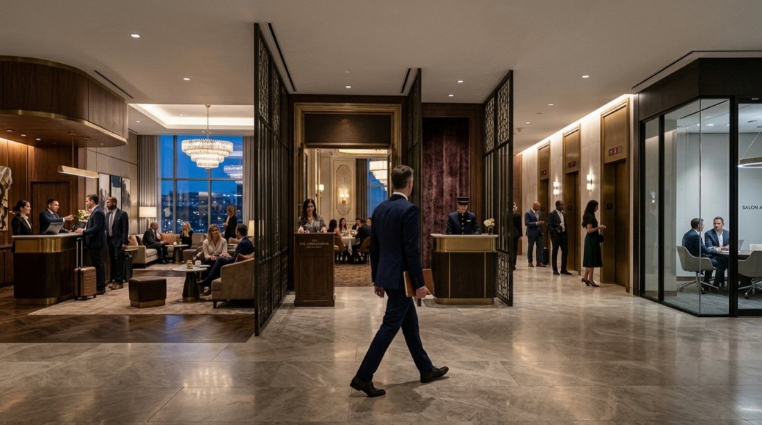 A manager walking through a busy luxury hotel lobby, passing reception, the lounge and a glass-walled meeting room