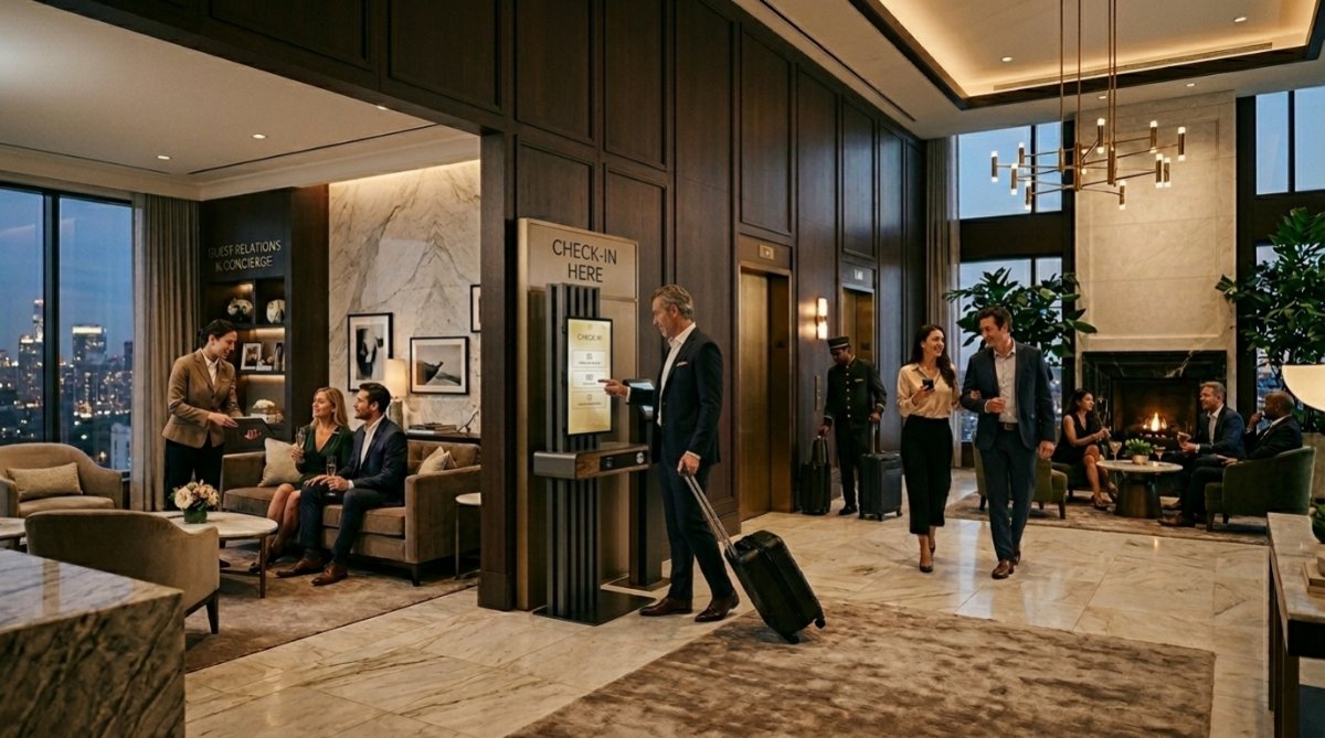 A guest checking in at a lobby self-service kiosk while a concierge welcomes arriving guests nearby in an elegant, light-filled hotel lobby