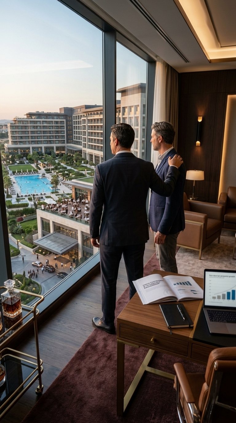 A partner and hotelier reviewing growth results together in a hotel suite overlooking the resort, charts and laptop on the desk
