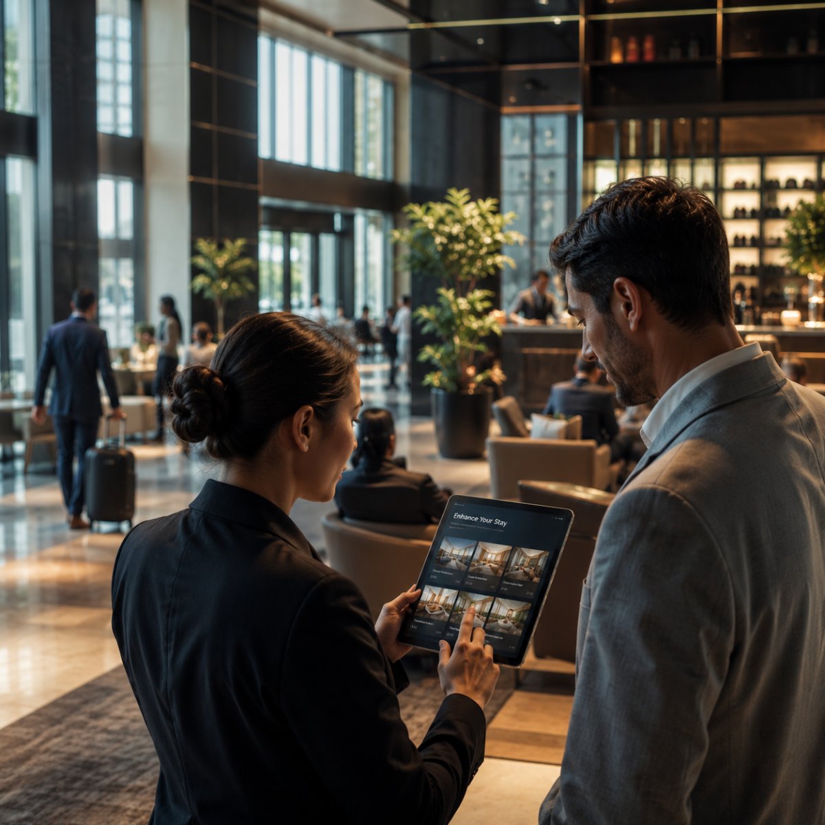 A hotel staff member showing a guest an Enhance Your Stay upselling menu on a tablet in a busy, light-filled lobby