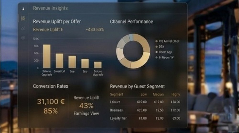 A Revenue Insights dashboard showing uplift per offer, channel performance, conversion rates and revenue by guest segment