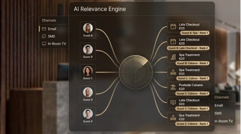 An AI Relevance Engine screen mapping guests to ranked offers — late checkout, spa, cabana — across email, SMS and in-room TV channels
