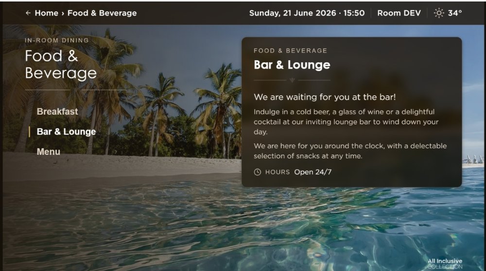 An in-room TV showing the Food & Beverage menu with a Bar & Lounge promotion over a beach backdrop
