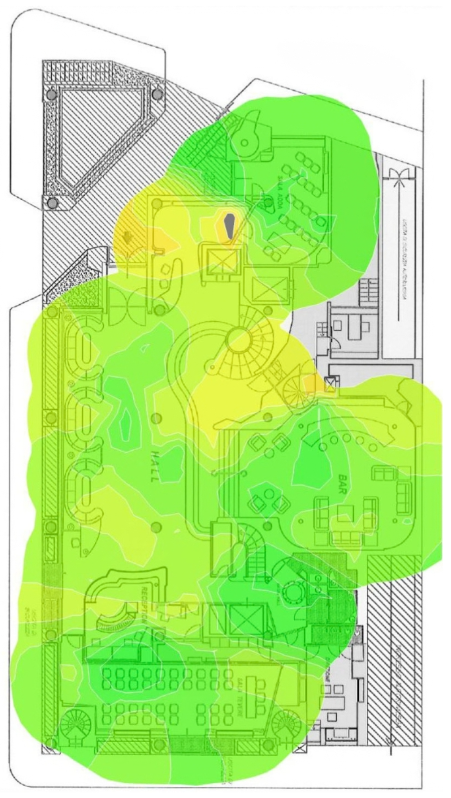 WiFi coverage heatmap over a hotel floor plan