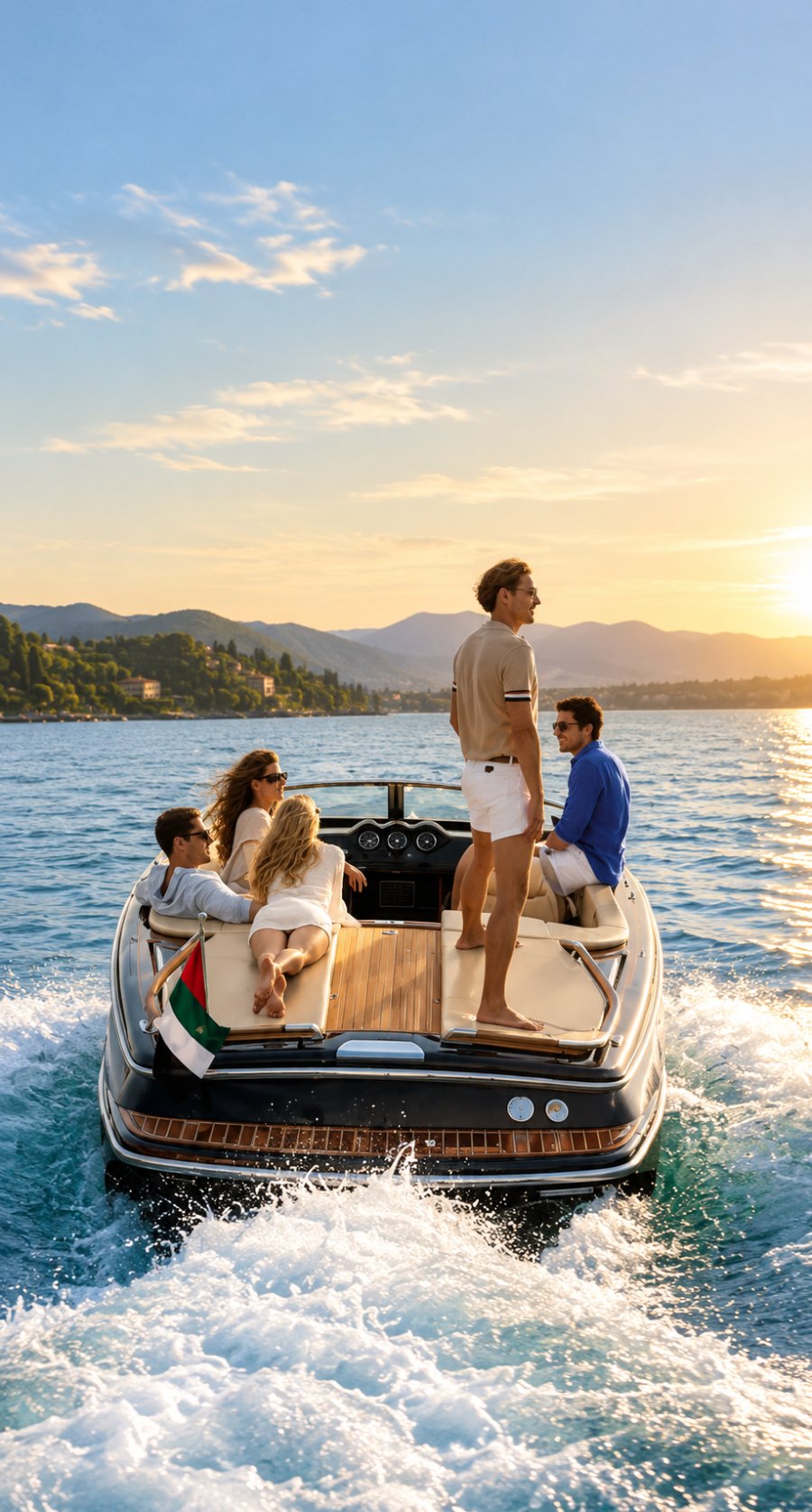 Friends on a speedboat cruising a lake at golden hour