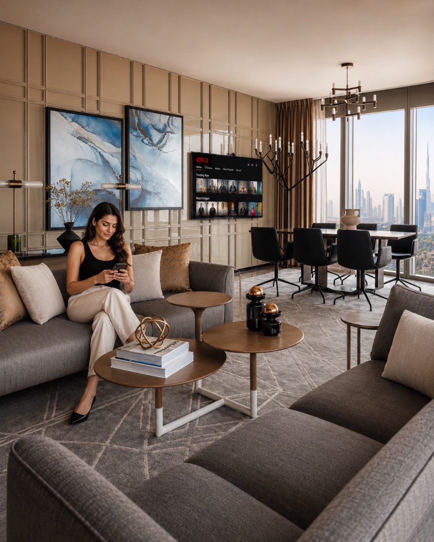 A guest relaxing in a smart hotel suite with a large TV streaming Netflix, lighting and city-view connectivity