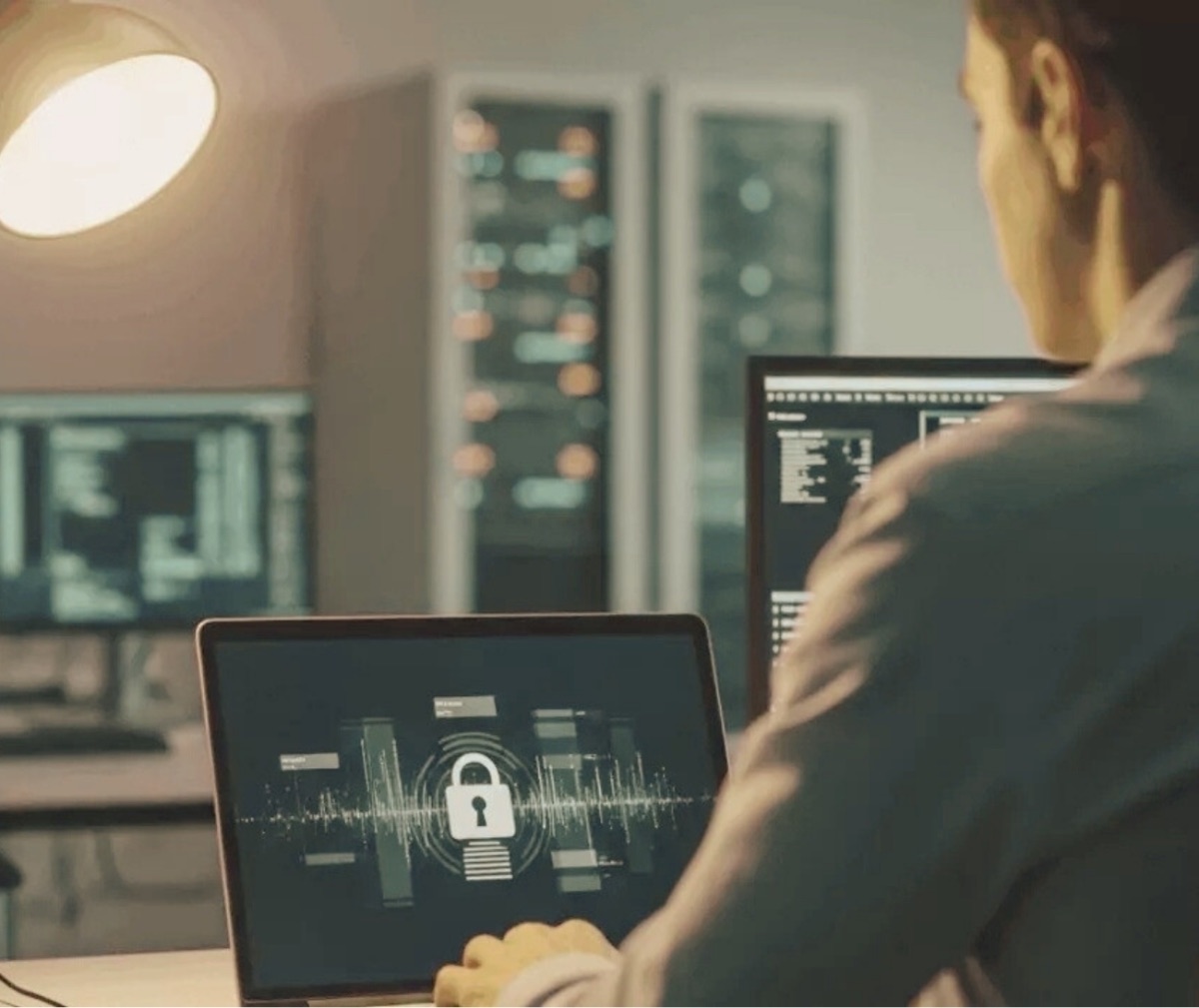A systems engineer monitoring a secured laptop dashboard in front of live server racks