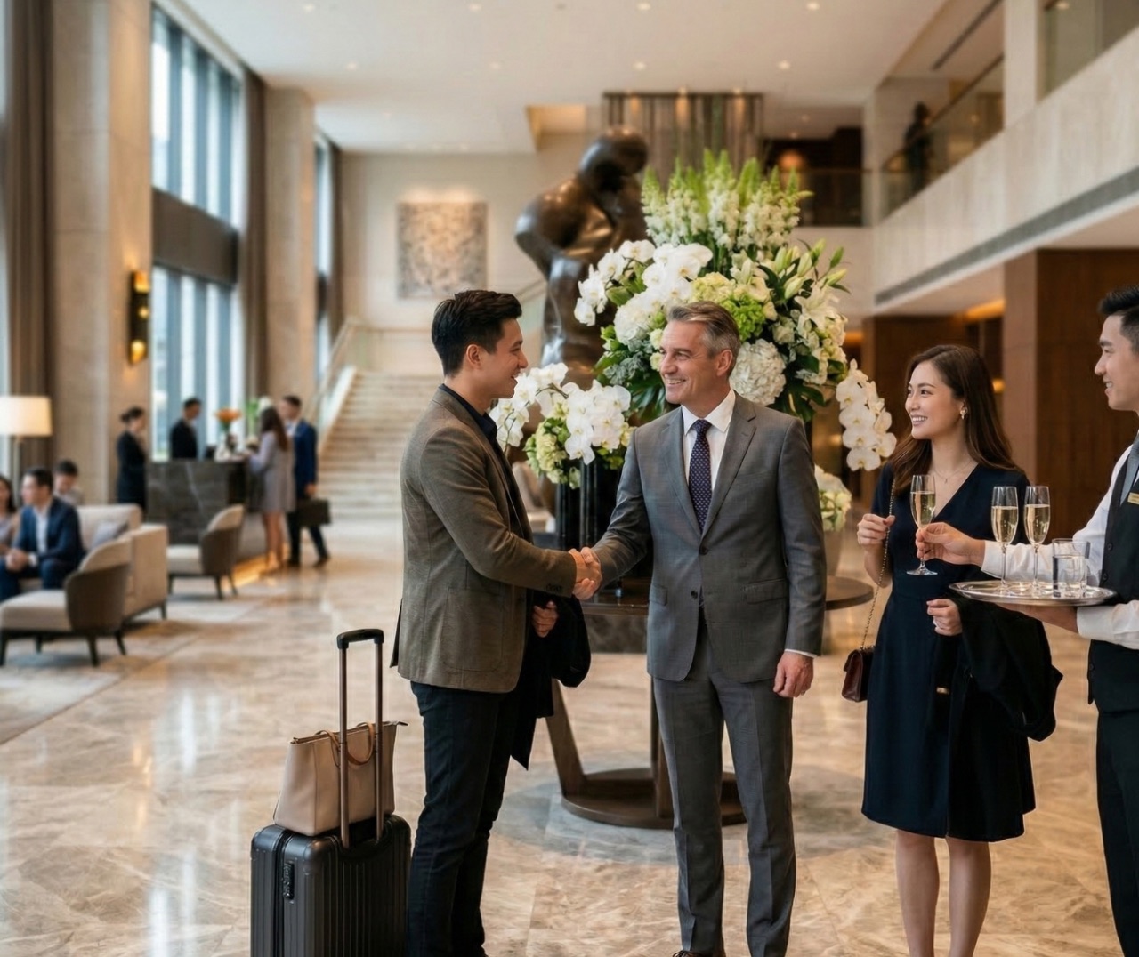 Hotel staff warmly welcoming arriving guests in a luxury lobby with a glass of champagne
