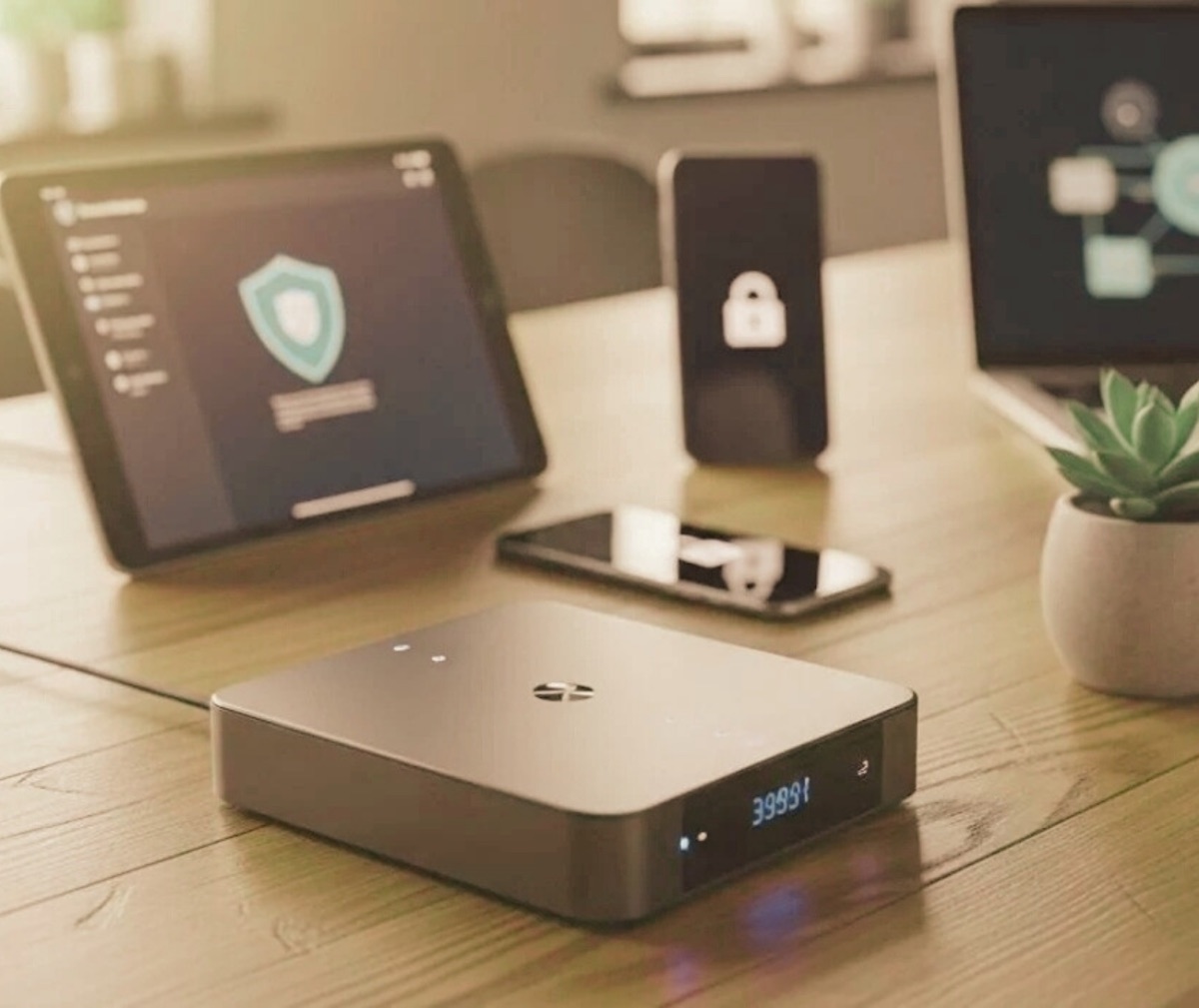 A tablet showing a security shield, a phone displaying a lock icon and a connected hub on a hotel desk — the IT estate designed and secured
