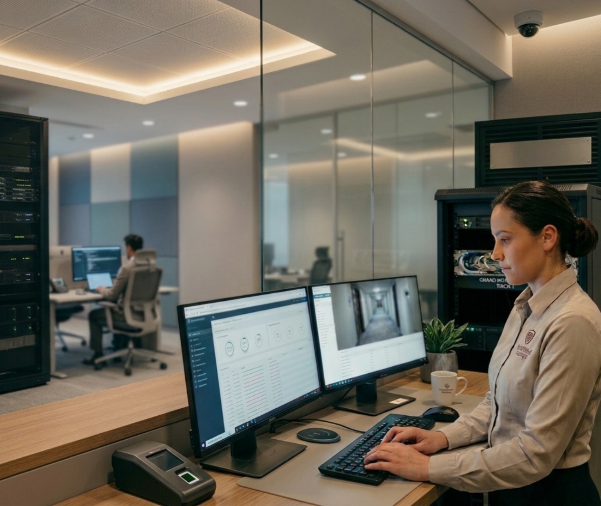 A security operations analyst watching CCTV feeds and system dashboards on dual screens beside a server rack