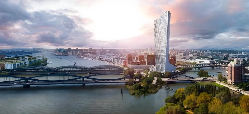 Architectural rendering of the Elbtower over the Elbe in Hamburg