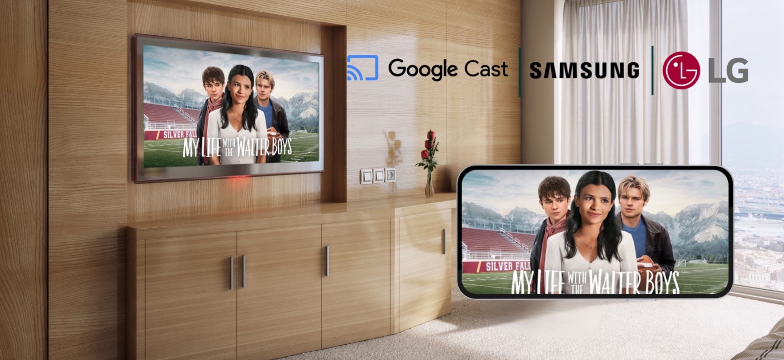 Google Cast streaming the same show from a phone to a Samsung and an LG hotel TV