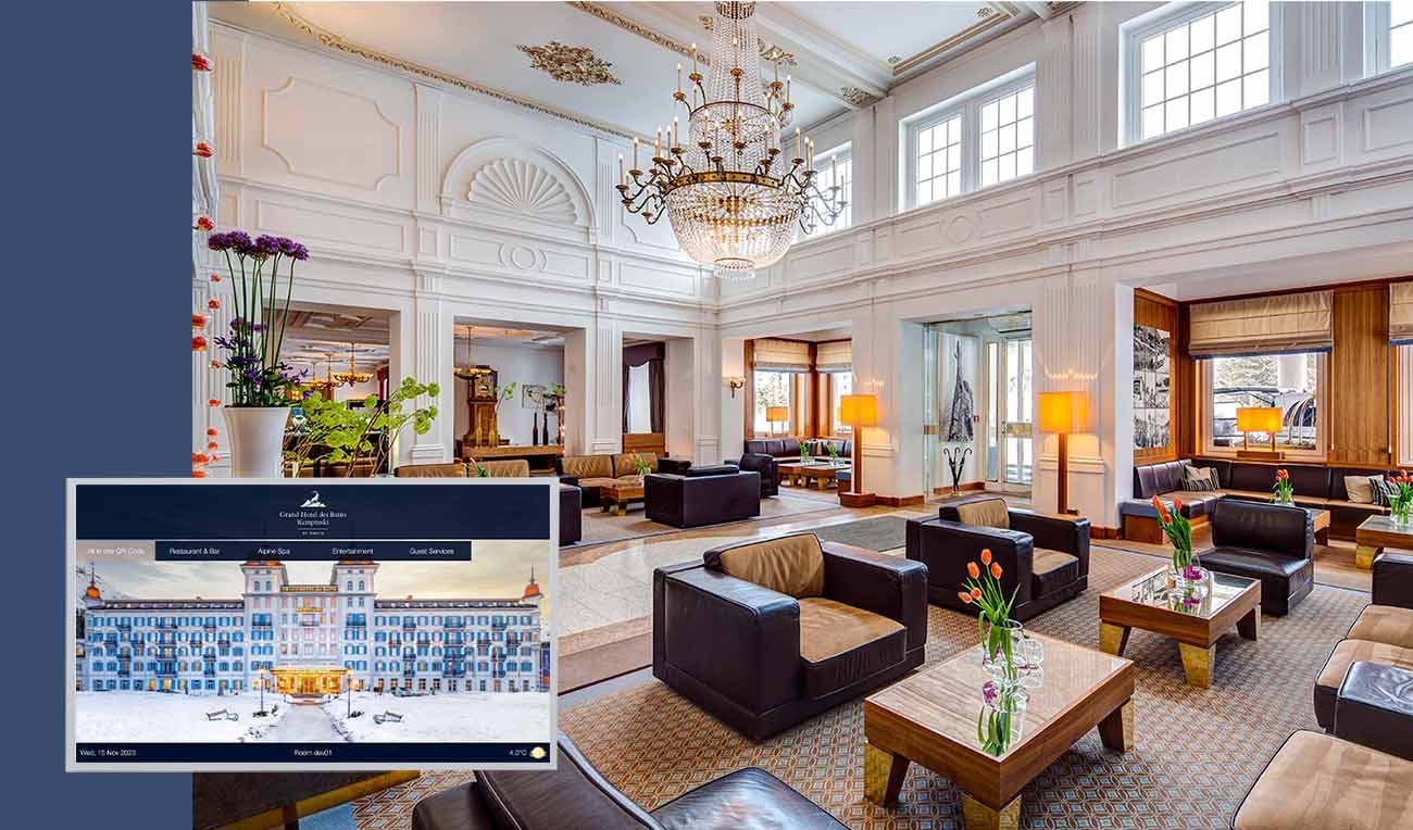 The grand lobby of the Kempinski St. Moritz with a hotel-TV interface inset