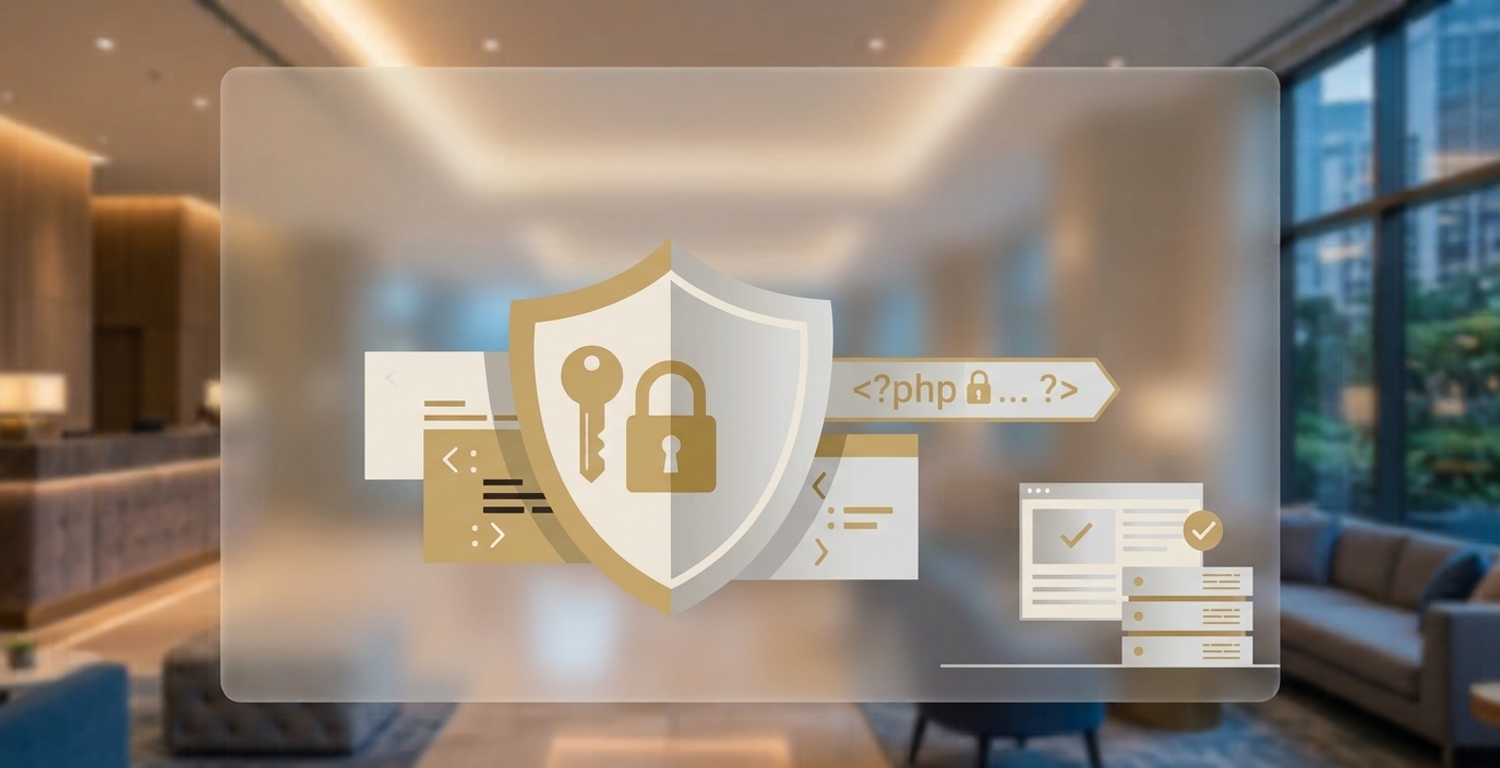 Frosted glass panel with a gold shield, key and padlock and a PHP code tag, set in a softly blurred hotel lobby