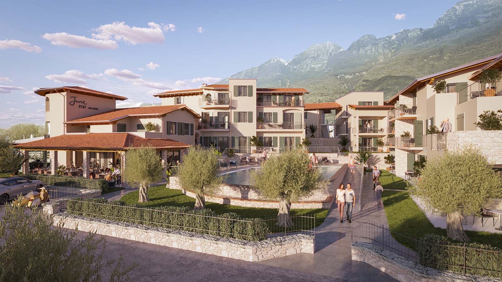 Architectural rendering of the June Stay Lake Garda resort among olive groves