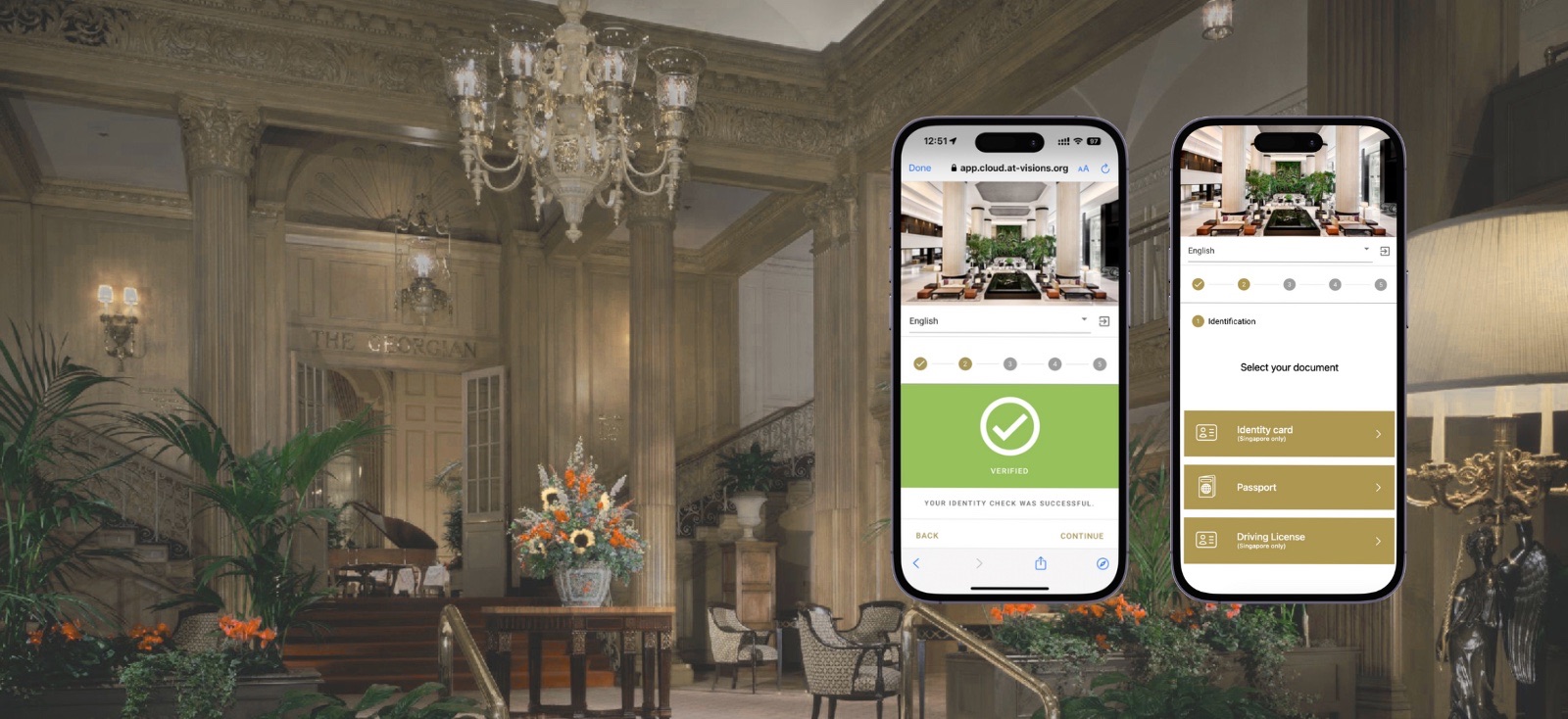A grand hotel lobby with two smartphones showing the at-visions digital check-in and ID verification flow